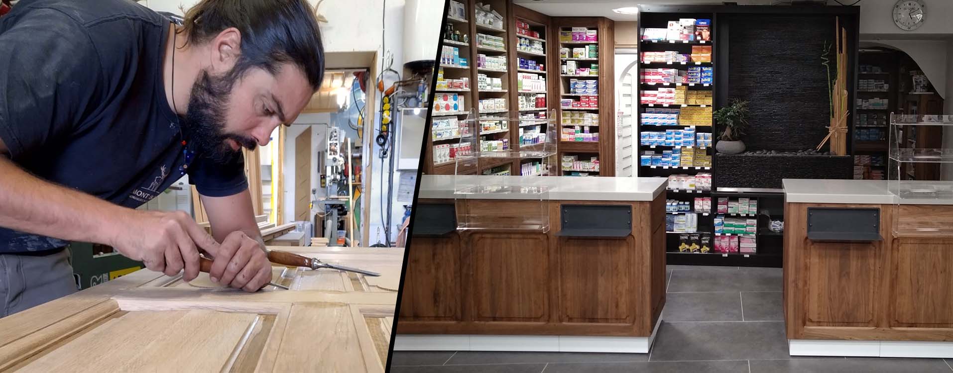 Agencement intérieur d'un commerce par la menuiserie ébénisterie mont bois (05200 embrun, Hautes-Alpes, région PACA)